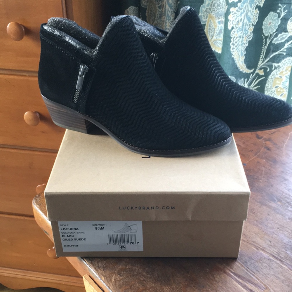 Lucky Brand Black Suede Low Heel Ankle Booties
